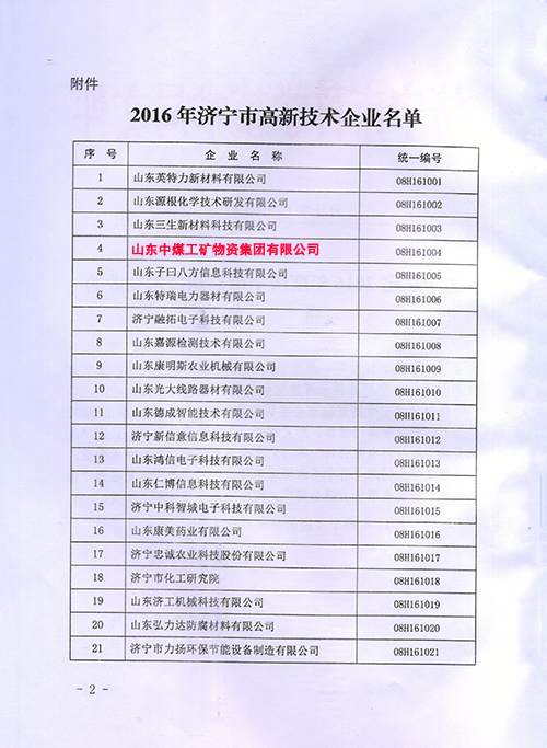 快讯--中煤集团被认定为2016年度济宁市高新技术企业