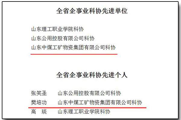 热烈祝贺中煤集团荣获山东省企事业单位科协先进单位